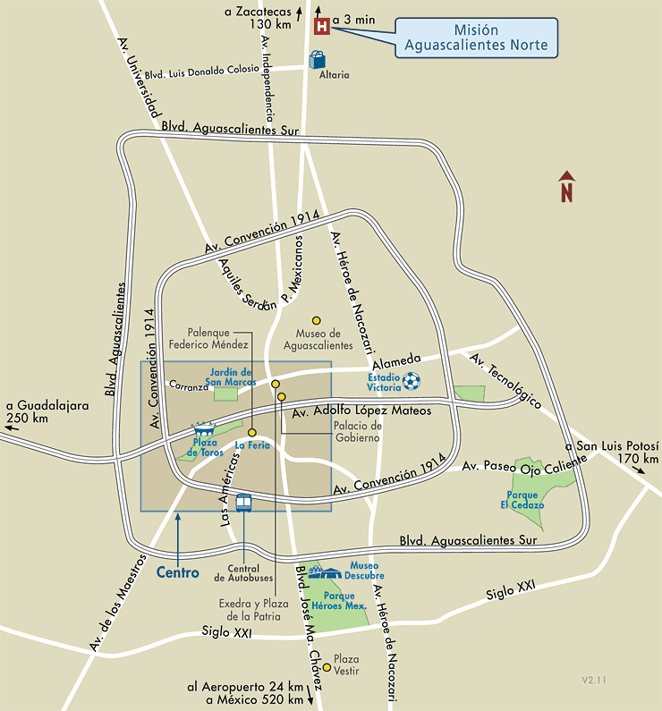 Mapa de Ubicacion Hotel Mision Aguascalientes, Aguascalientes Mexico