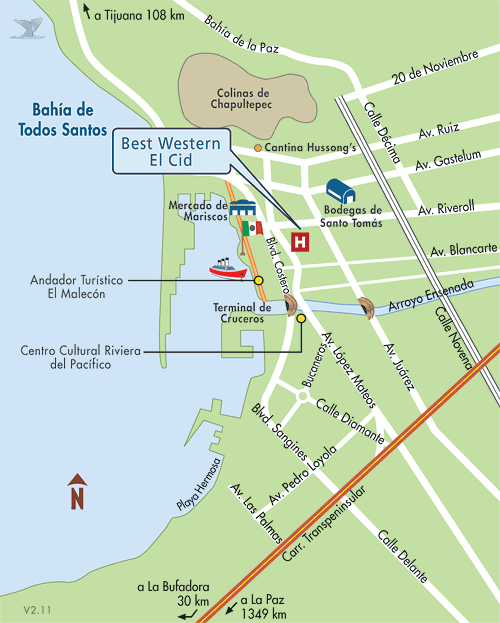Mapa de Ubicacion Hotel Best Western El Cid, Ensenada Mexico