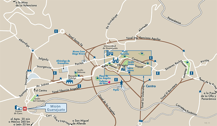Mapa de Ubicacion Hotel Mision Guanajuato, Guanajuato Mexico