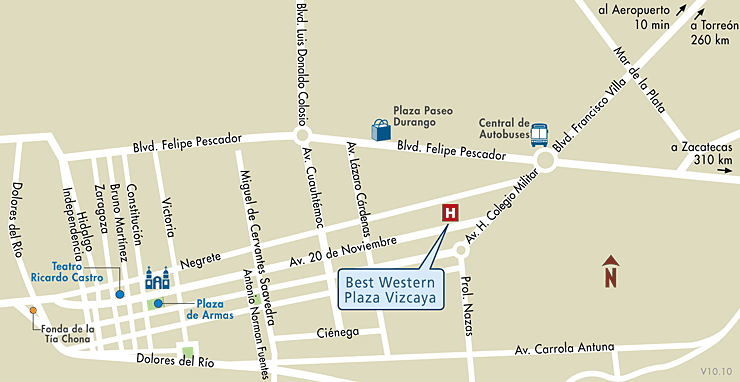 Mapa de Ubicacion Hotel Best Western Plaza Vizcaya, Durango Mexico